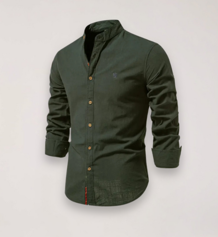 Men’s Long Sleeve Stand Collar Shirt – Embroidered Solid Design for Smart Casual Styling