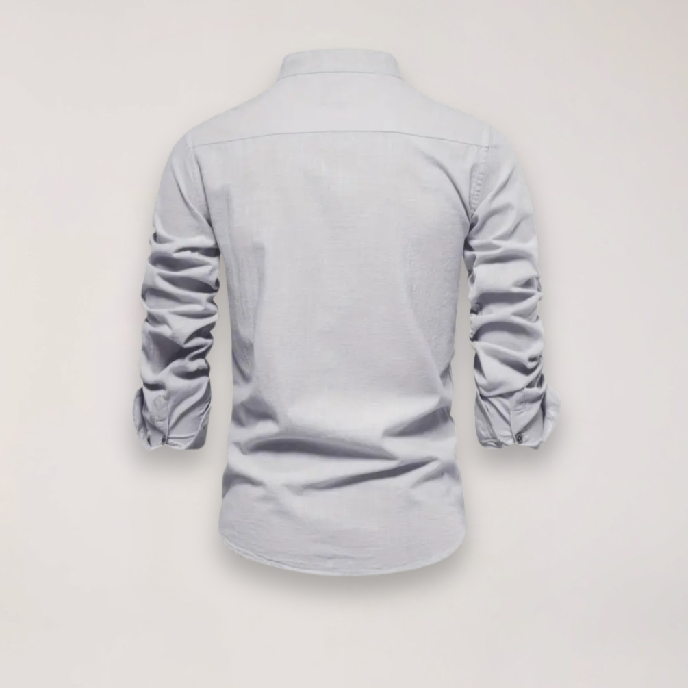 Men’s Long Sleeve Stand Collar Shirt – Embroidered Solid Design for Smart Casual Styling