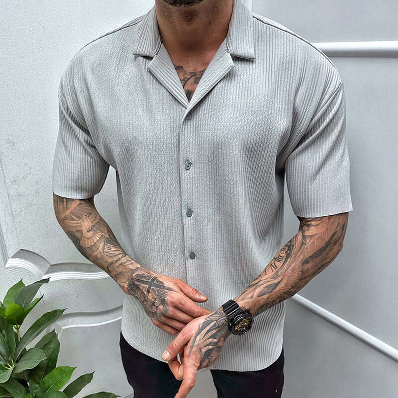 Men's Short Sleeve Button Up Shirt - Camp Collar Ribbed Knit