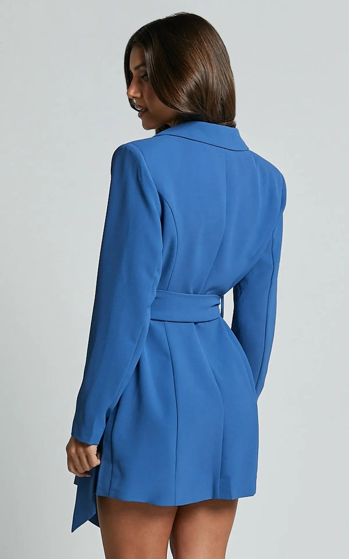 Women’s Tailored Blazer Dress with Waist Belt – Structured Mini Silhouette