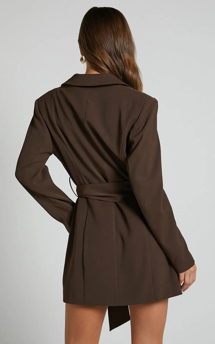 Women’s Tailored Blazer Dress with Waist Belt – Structured Mini Silhouette