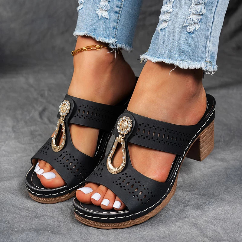 Women’s Blue Block Heel Slide Sandals – Cutout Open Toe Comfort Sandals for Summer Casual Vacation