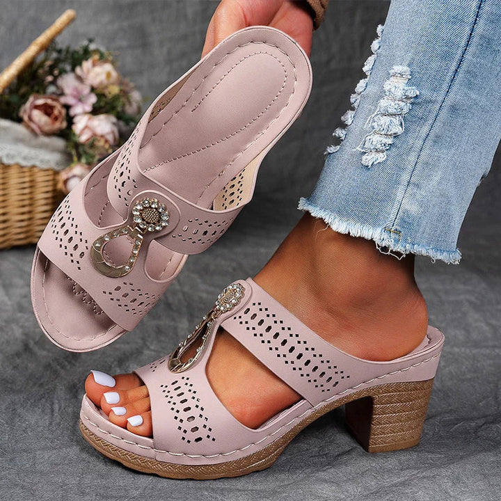 Women’s Blue Block Heel Slide Sandals – Cutout Open Toe Comfort Sandals for Summer Casual Vacation