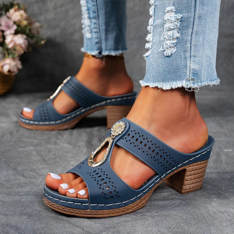 Women’s Blue Block Heel Slide Sandals – Cutout Open Toe Comfort Sandals for Summer Casual Vacation