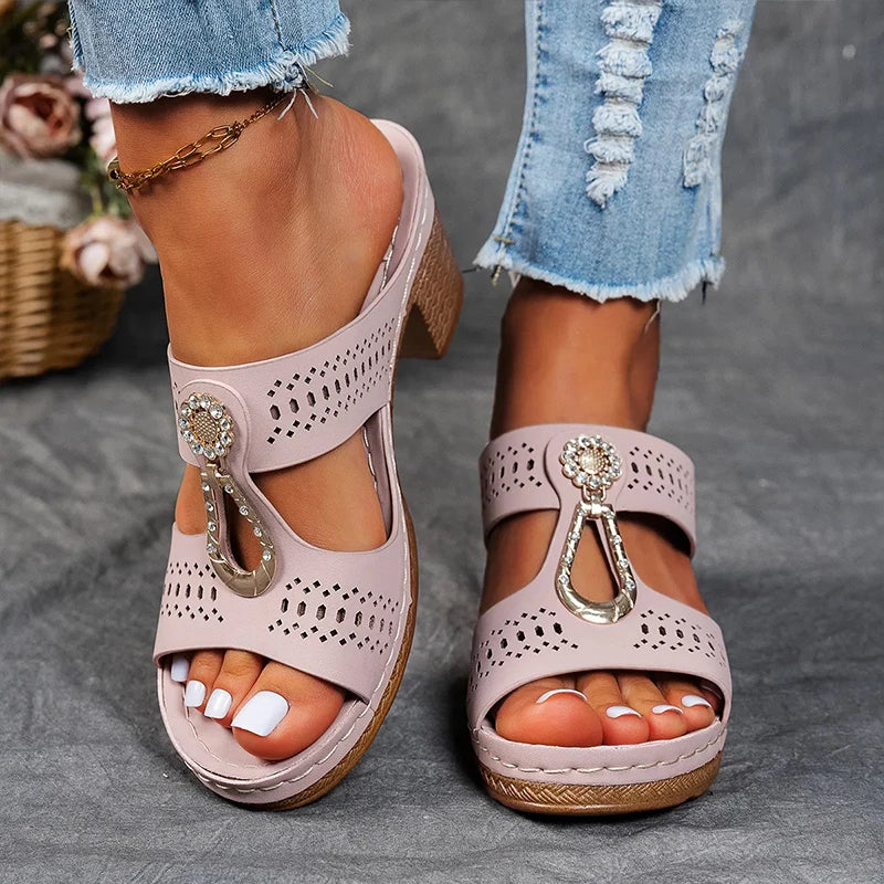 Women’s Blue Block Heel Slide Sandals – Cutout Open Toe Comfort Sandals for Summer Casual Vacation