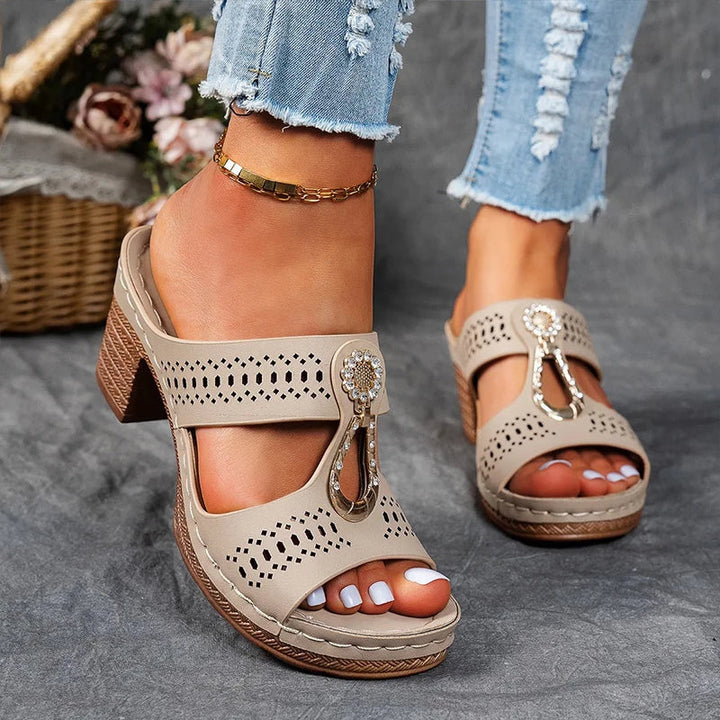 Women’s Blue Block Heel Slide Sandals – Cutout Open Toe Comfort Sandals for Summer Casual Vacation