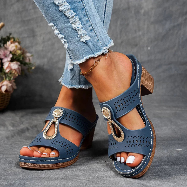 Women’s Blue Block Heel Slide Sandals – Cutout Open Toe Comfort Sandals for Summer Casual Vacation