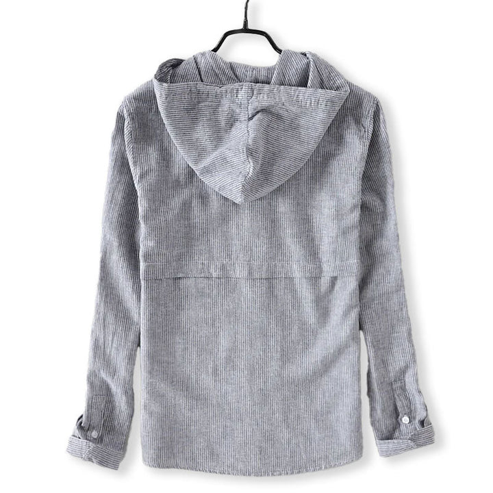 Men's Long-Sleeve Linen Blend Hooded Shirt - Casual Button-Front Shirt with Drawstring Hood and Curved Hem
