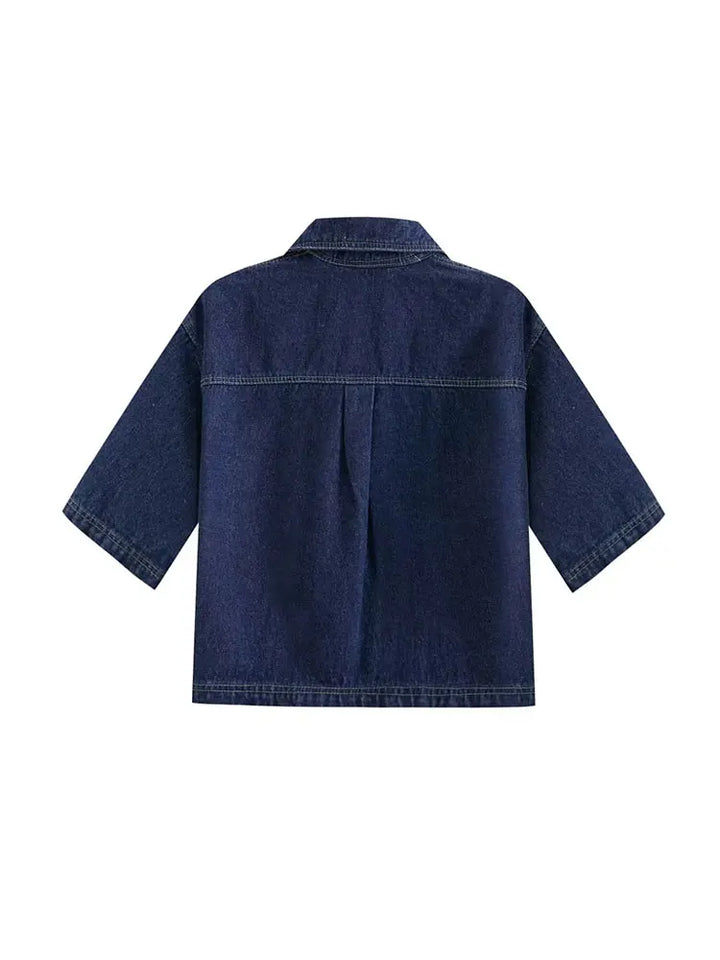 Women's Denim Going-Out Set - Cropped Half-Zip Top and Asymmetric Wrap Mini Skirt with Contrast Stitching