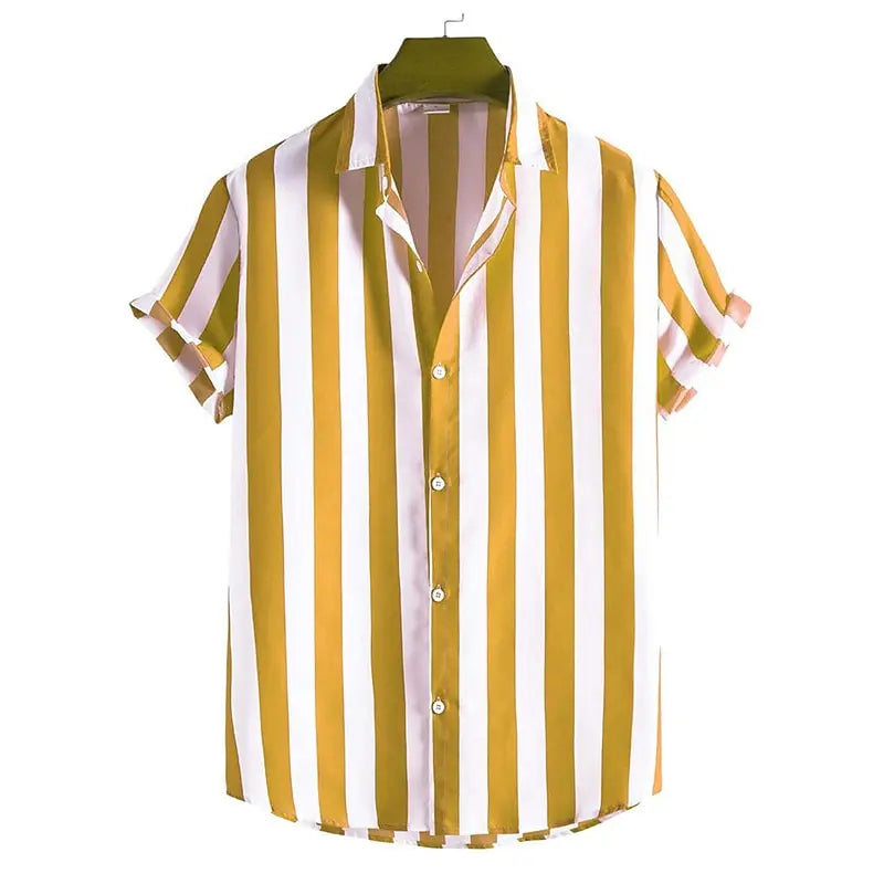 Men’s Short Sleeve Button-Up Shirt with Vertical Stripe Pattern