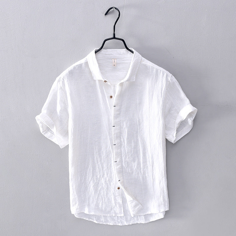 Men's Linen Short-Sleeve Shirt - Relaxed Collar and Curved Hem