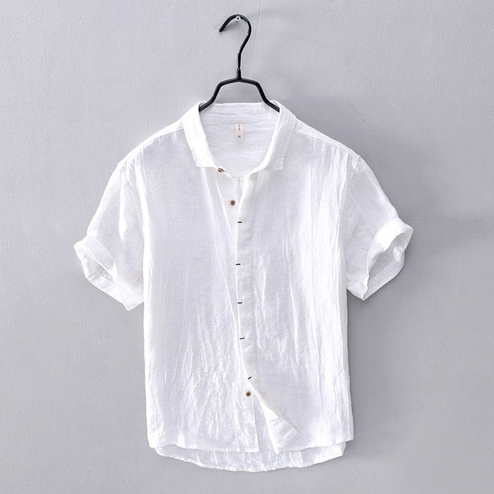 Men's Linen Short-Sleeve Shirt - Relaxed Collar and Curved Hem