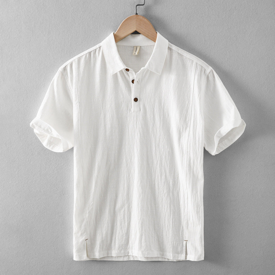 Men's Short-Sleeve Linen Blend Pull-On Shirt - Casual Summer Point Collar Two-Button Top