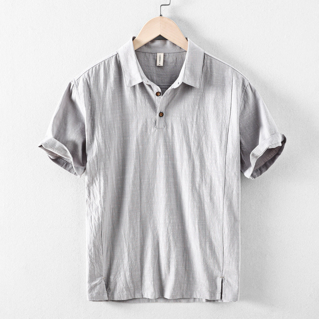 Men's Short-Sleeve Linen Blend Pull-On Shirt - Casual Summer Point Collar Two-Button Top