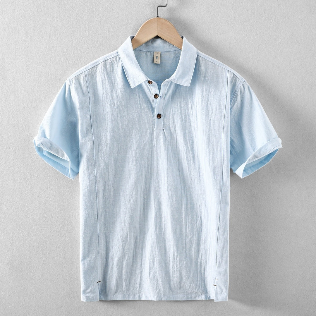 Men's Short-Sleeve Linen Blend Pull-On Shirt - Casual Summer Point Collar Two-Button Top