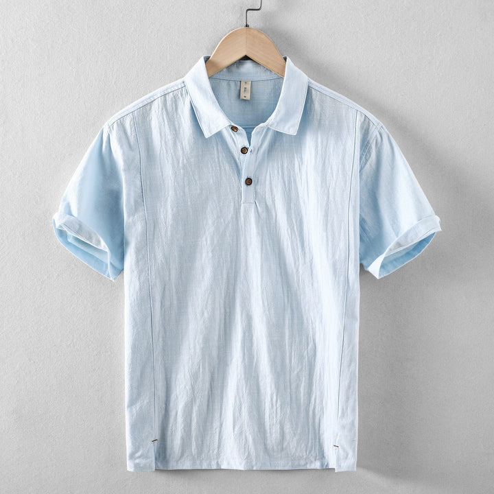 Men's Short-Sleeve Linen Blend Pull-On Shirt - Casual Summer Point Collar Two-Button Top
