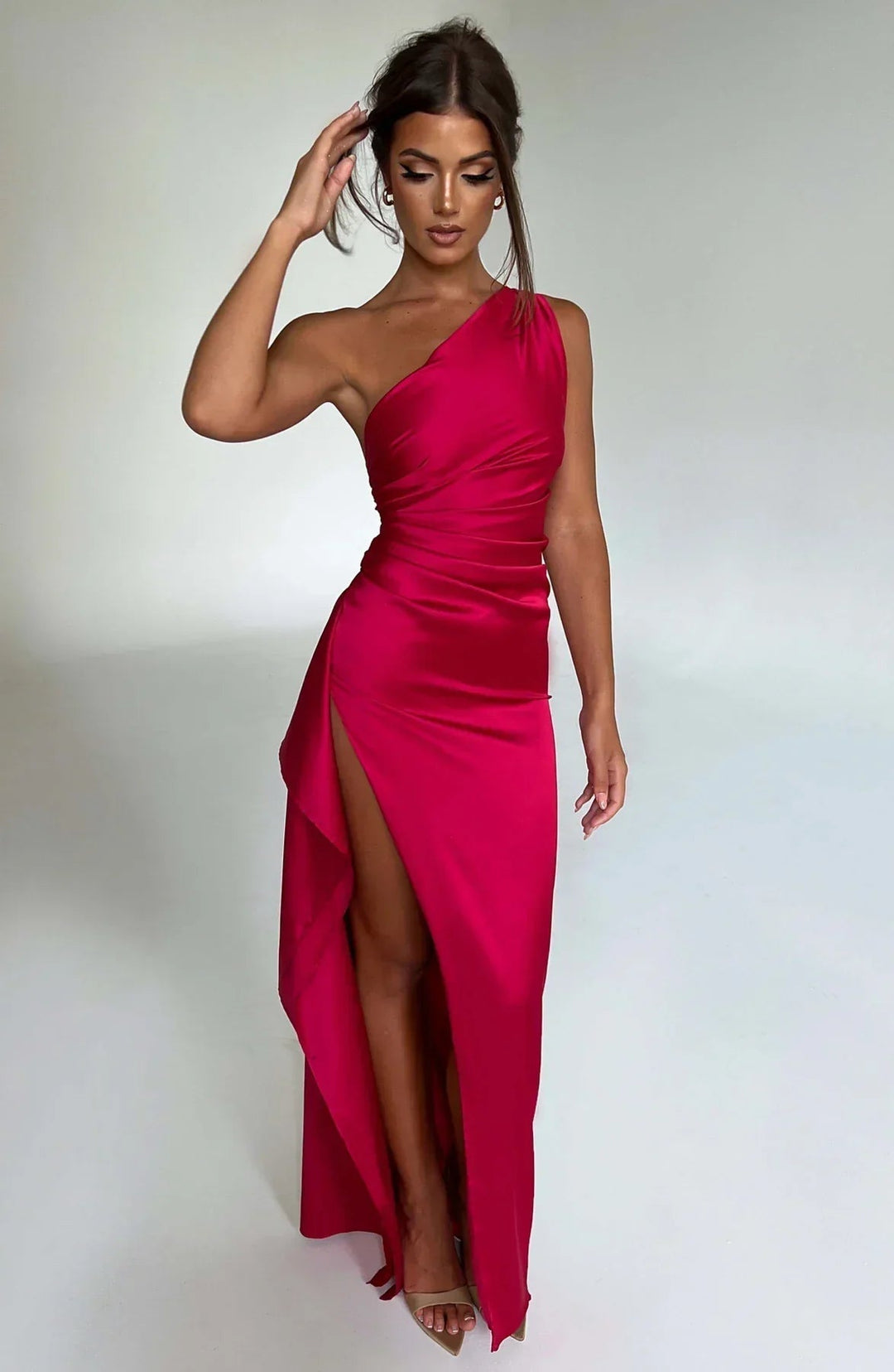 Satin One Shoulder Evening Maxi Dress With Slit