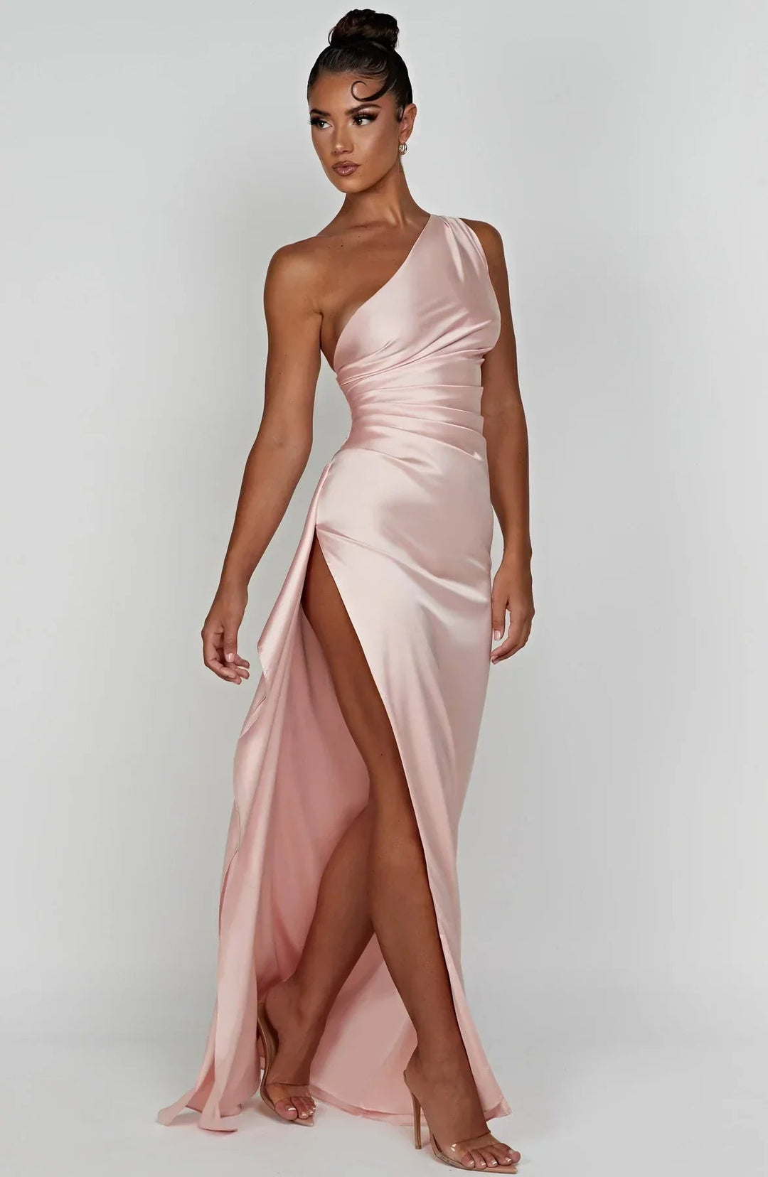 Satin One Shoulder Evening Maxi Dress With Slit