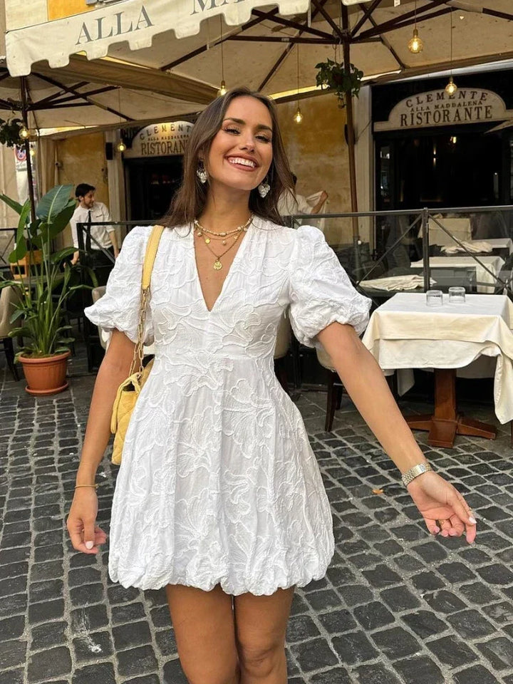 Women's Embroidered Puff Sleeve Mini Dress - Deep V-Neck and Scallop Hem