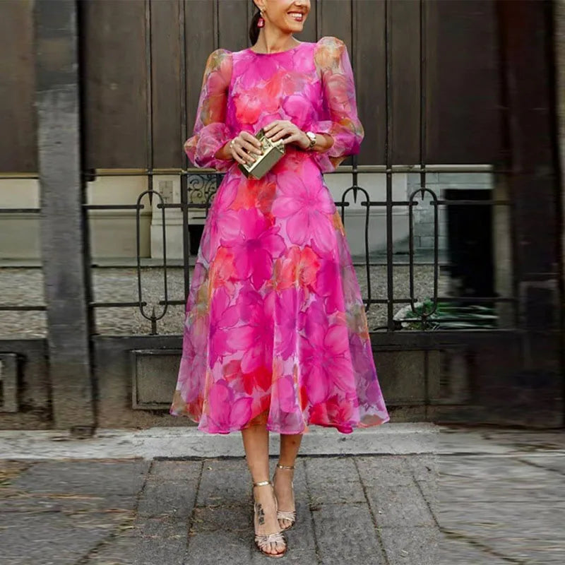 Women's Floral Midi Dress - Long Sleeve Round Neck A-Line