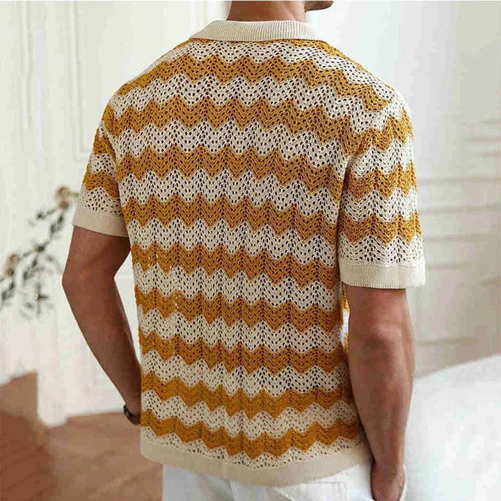 Men’s Short Sleeve Button-Front Crochet Knit Shirt with Zigzag Pattern and Collar