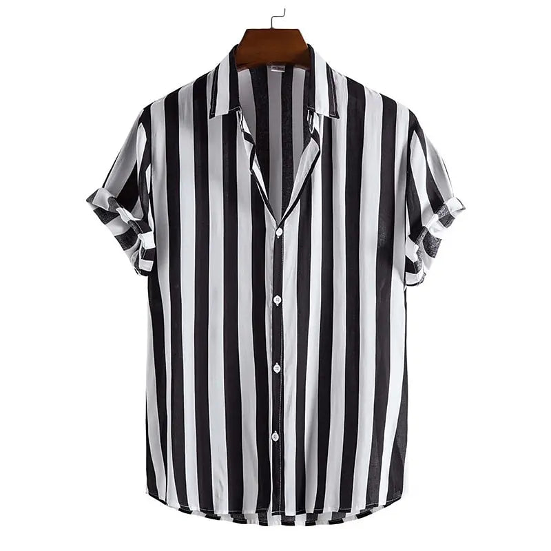 Men’s Short Sleeve Button-Up Shirt with Vertical Stripe Pattern