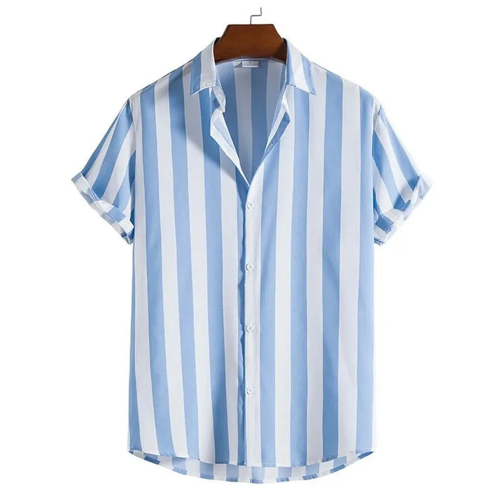 Men’s Short Sleeve Button-Up Shirt with Vertical Stripe Pattern