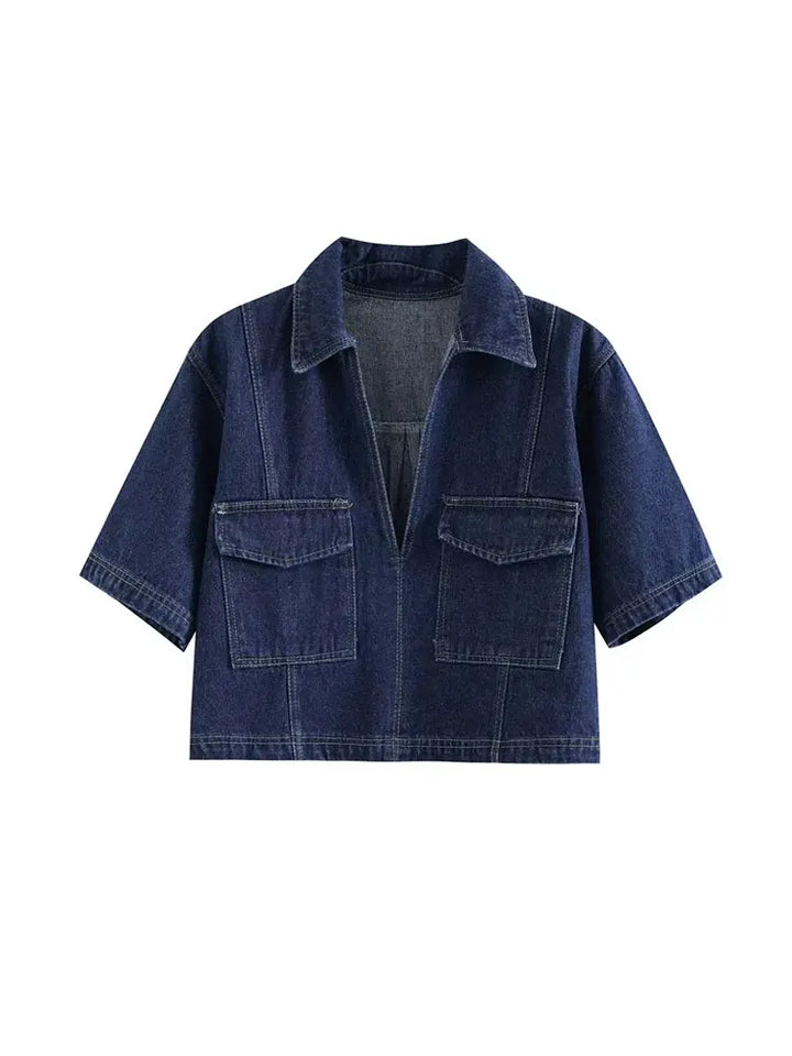 Women's Denim Going-Out Set - Cropped Half-Zip Top and Asymmetric Wrap Mini Skirt with Contrast Stitching
