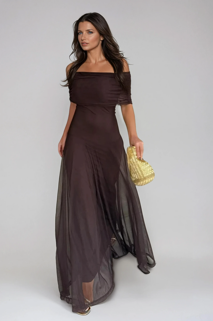Tara | Women’s Stylish Maxi Wedding Guest Dress with Mesh Overlay