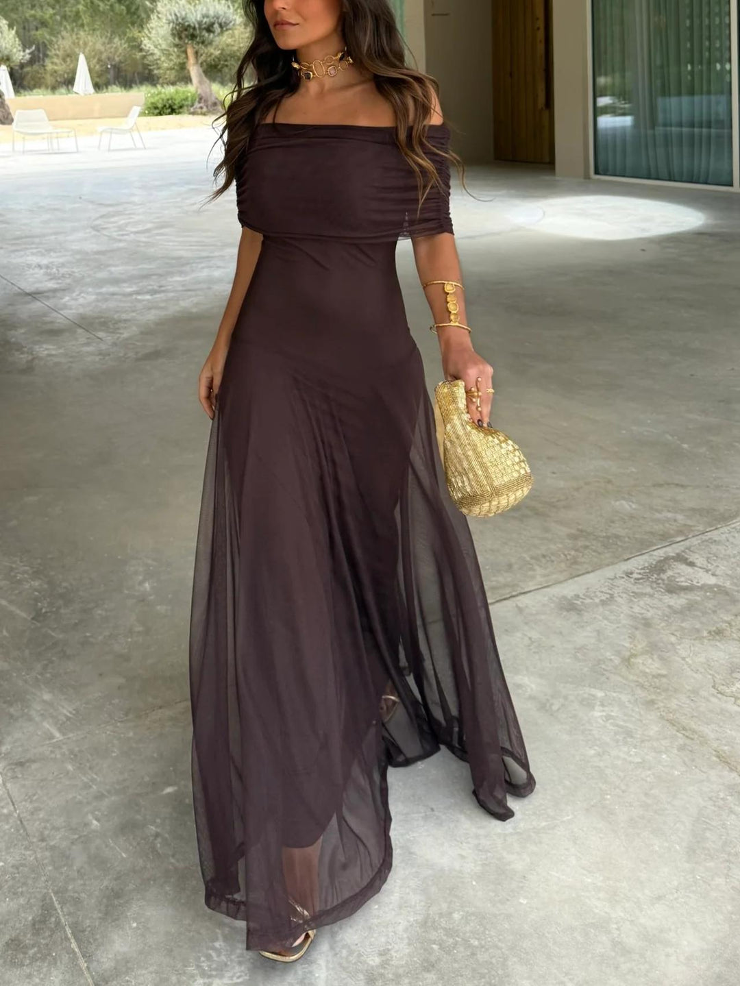 Tara | Women’s Stylish Maxi Wedding Guest Dress with Mesh Overlay