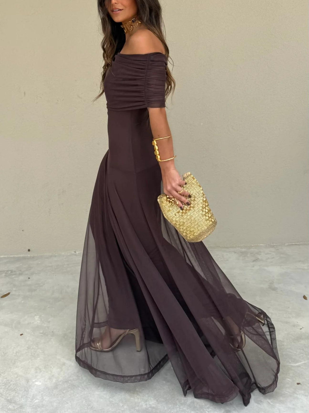 Tara | Women’s Stylish Maxi Wedding Guest Dress with Mesh Overlay