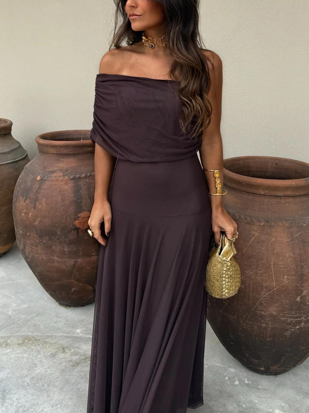 Tara | Women’s Stylish Maxi Wedding Guest Dress with Mesh Overlay