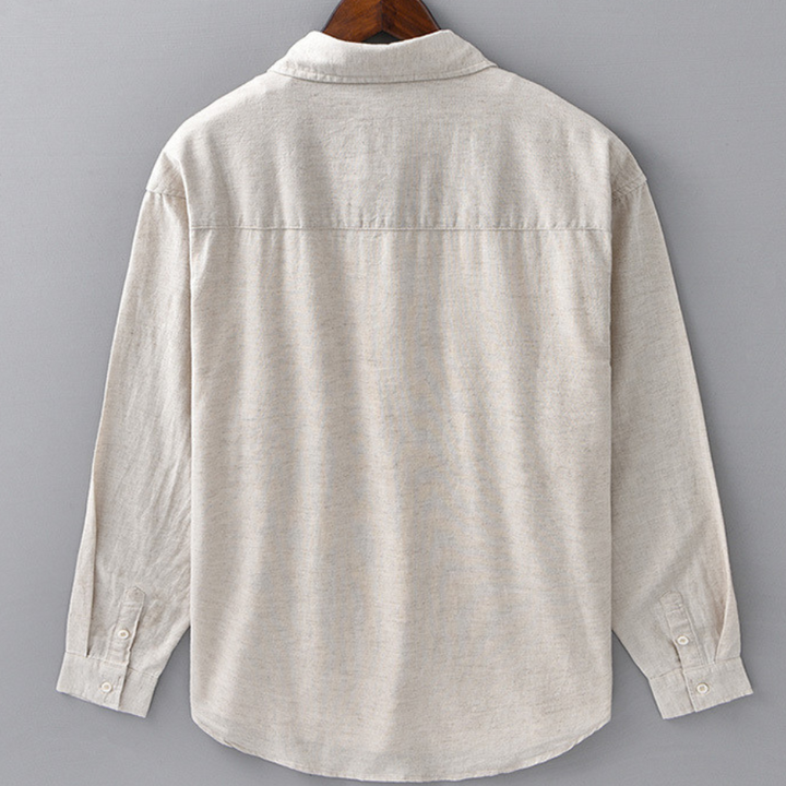 Men's Long-Sleeve Linen Blend Shirt - Point Collar Button-Down Chest Pocket Casual Style