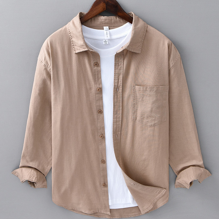 Men's Long-Sleeve Linen Blend Shirt - Point Collar Button-Down Chest Pocket Casual Style