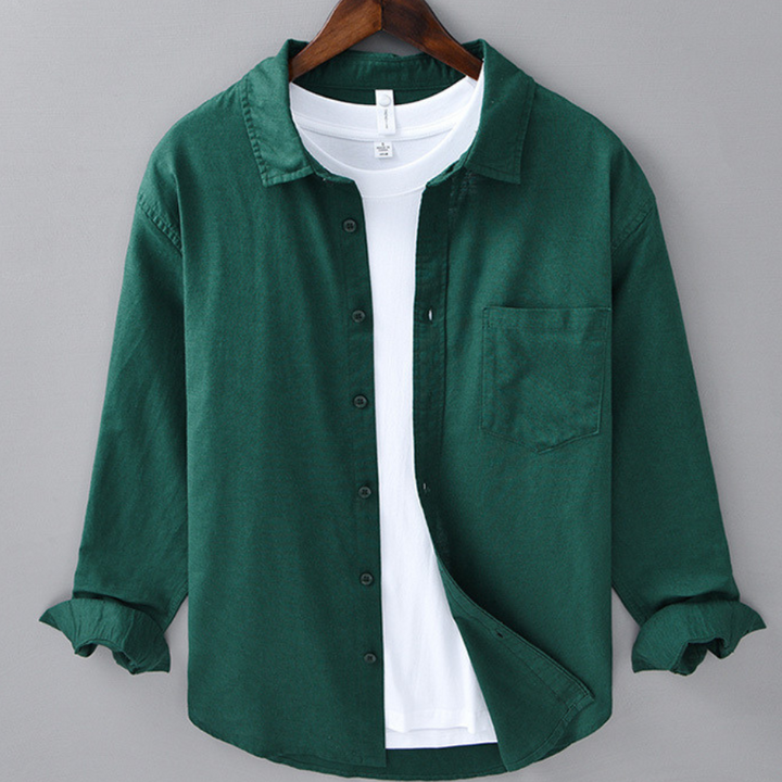 Men's Long-Sleeve Linen Blend Shirt - Point Collar Button-Down Chest Pocket Casual Style