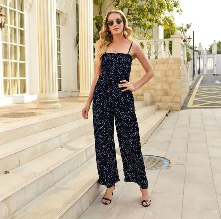 Women’s Polka Dot Wide-Leg Jumpsuit – Smocked Bodice Summer Style