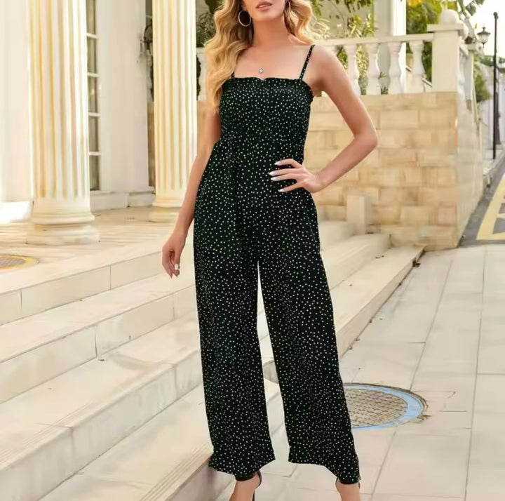 Women’s Polka Dot Wide-Leg Jumpsuit – Smocked Bodice Summer Style