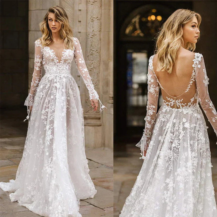 Evie | Women’s Spring White Maxi Wedding Dress with Lace Sleeves