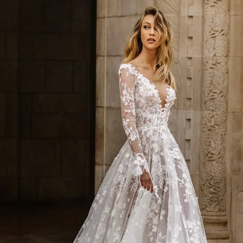 Evie | Women’s Spring White Maxi Wedding Dress with Lace Sleeves