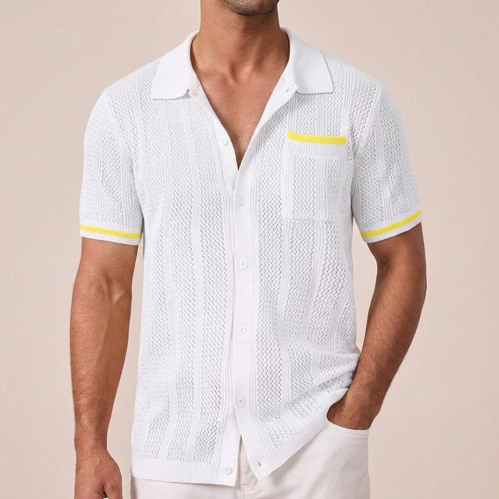 Men's Short-Sleeve Openwork Shirt - Casual Summer Camp Collar Button-Front Shirt with Contrast Tips