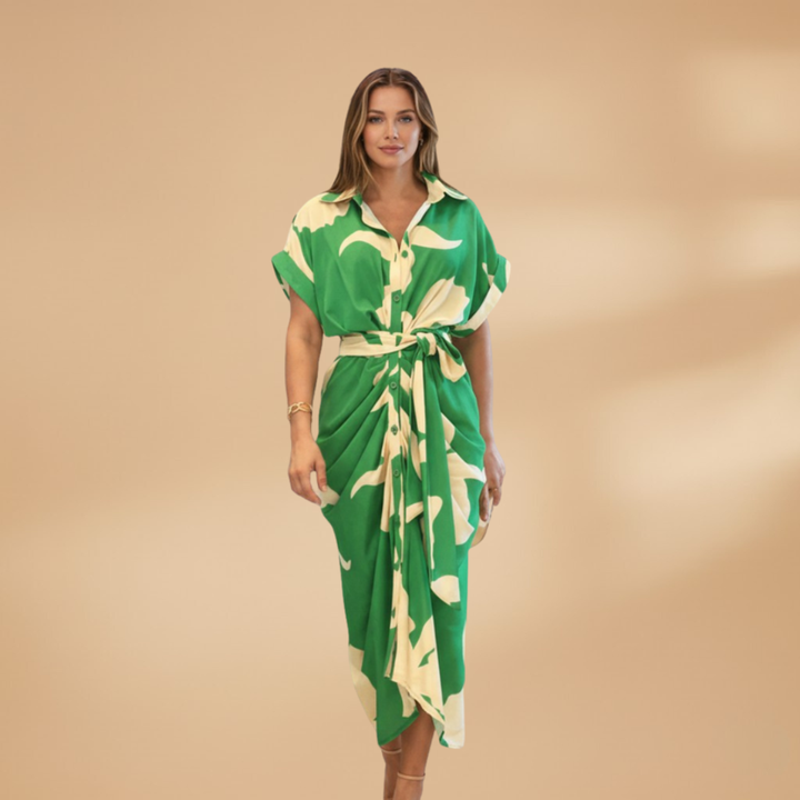 Collared Button-Up Tie Waist Midi Dress – Smart Casual