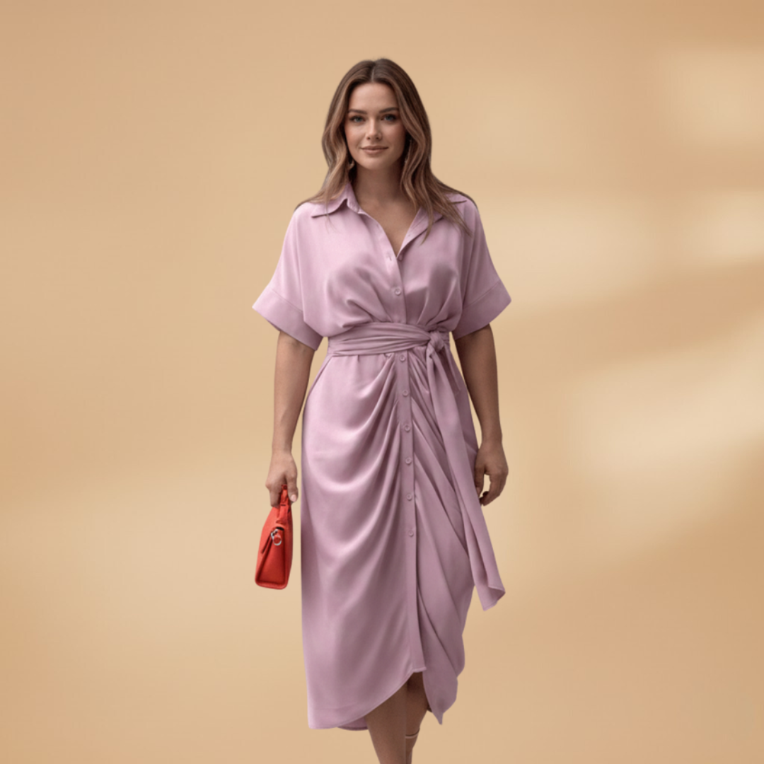Collared Button-Up Tie Waist Midi Dress – Smart Casual