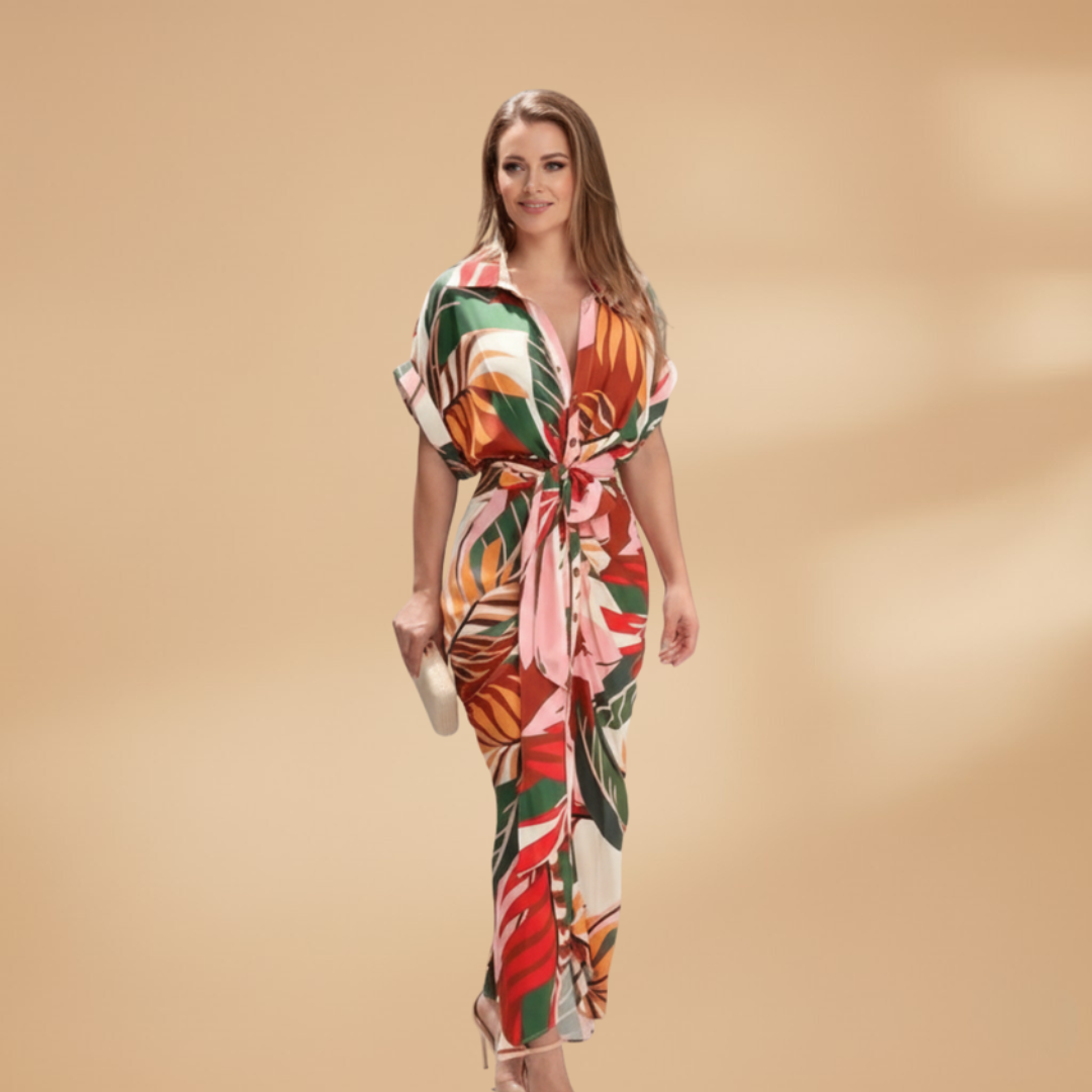 Collared Button-Up Tie Waist Midi Dress – Smart Casual