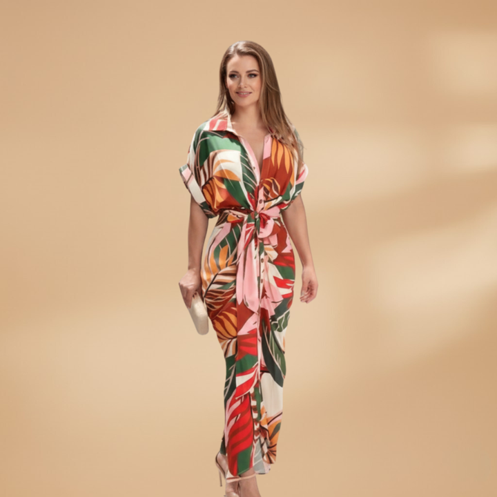 Collared Button-Up Tie Waist Midi Dress – Smart Casual