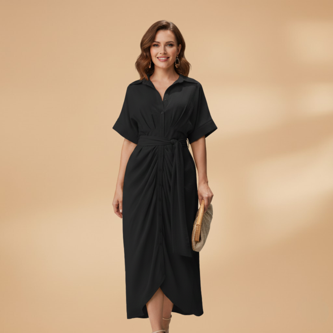 Collared Button-Up Tie Waist Midi Dress – Smart Casual