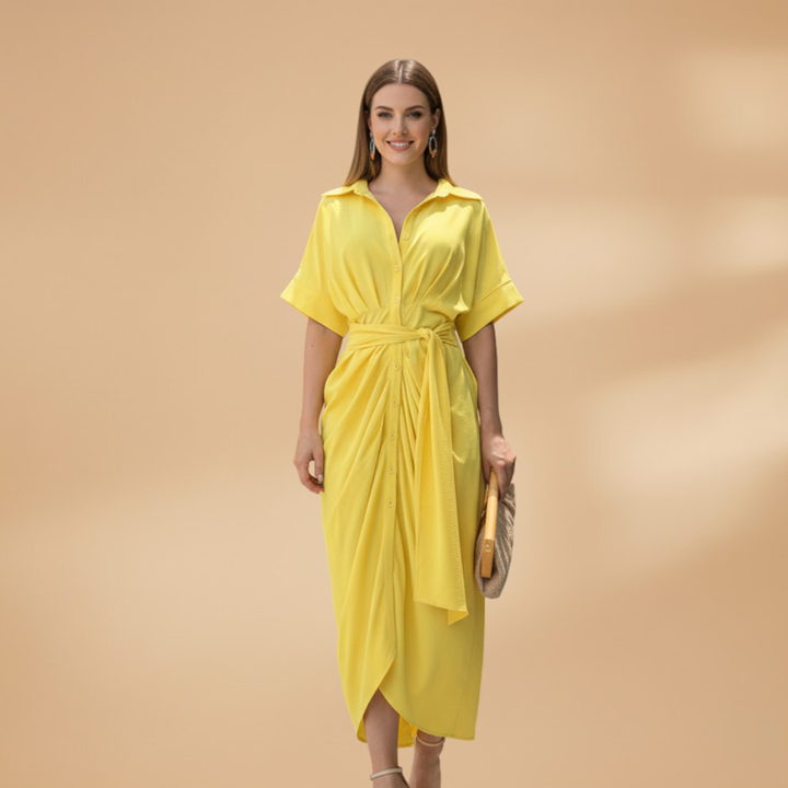 Collared Button-Up Tie Waist Midi Dress – Smart Casual
