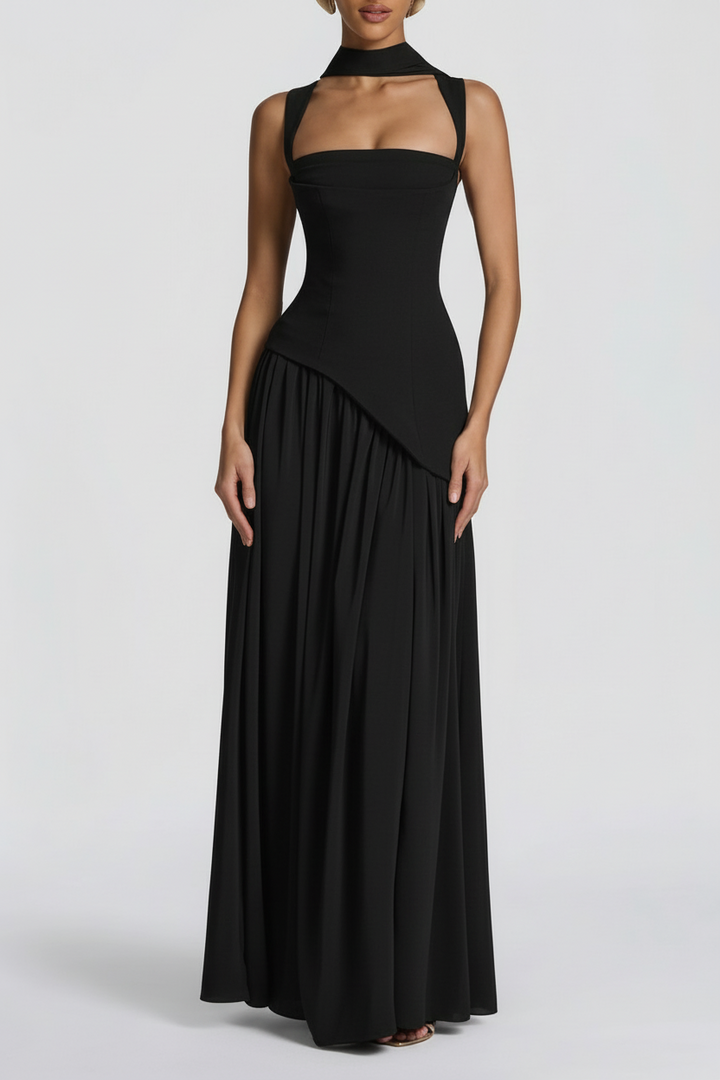 Women's Black Maxi Dress - Square Neck - High Slit