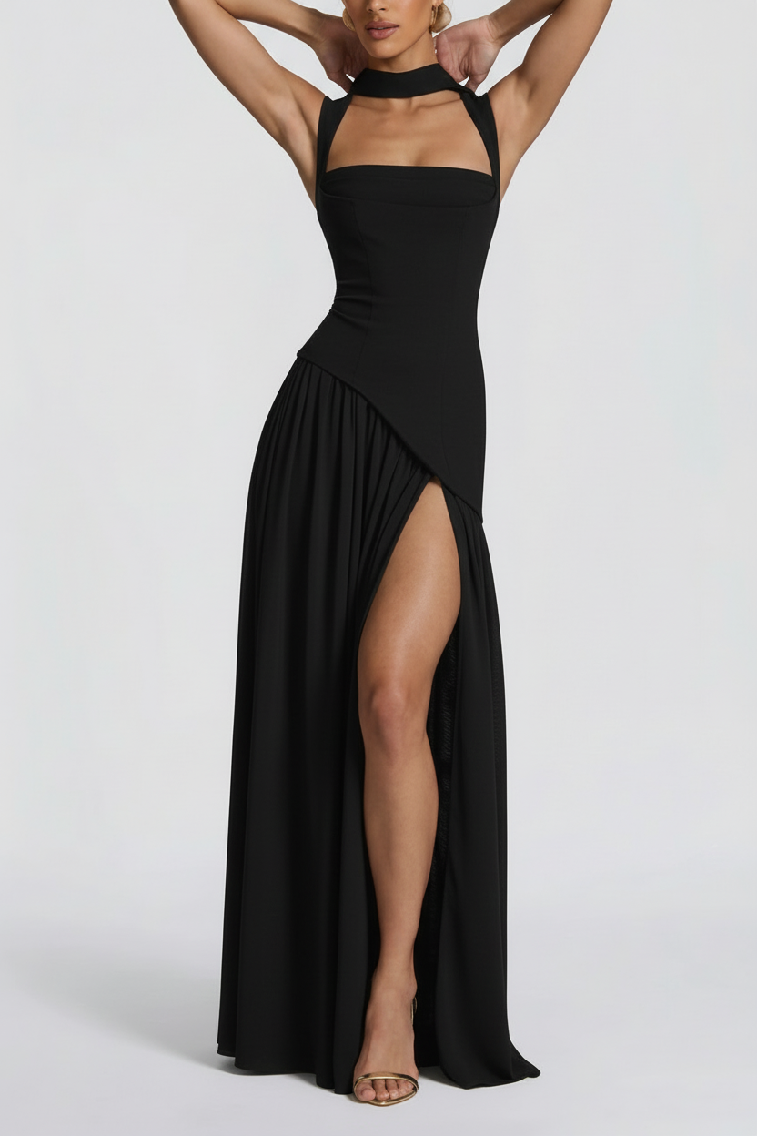 Women's Black Maxi Dress - Square Neck - High Slit