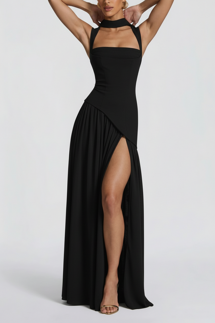 Women's Black Maxi Dress - Square Neck - High Slit