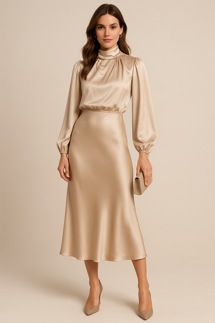 Women’s High Neck Midi Dress – Elegant High Waist Silhouette